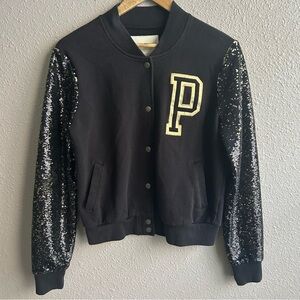 Victoria's Secret PINK‎ Black Sequin Sleeve Preppy Varsity Jacket Limited Edtn